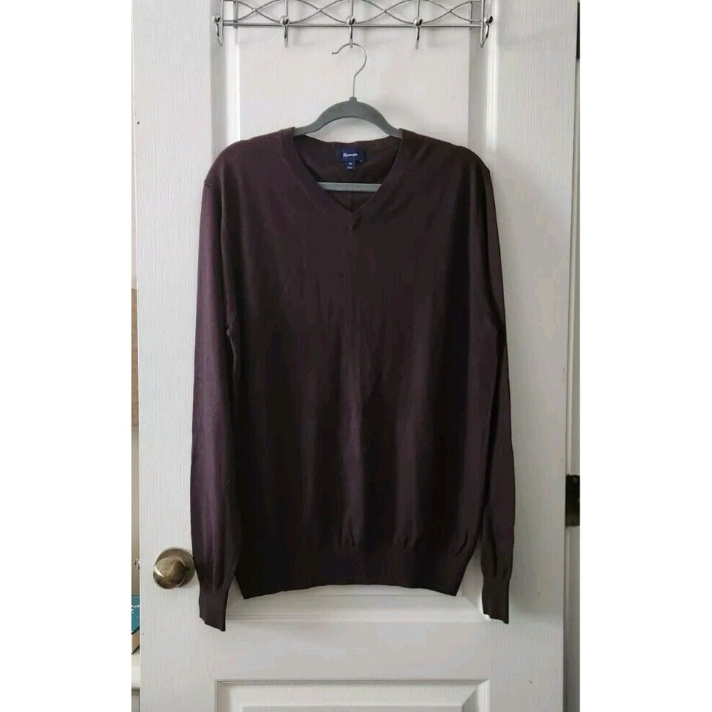 Faconnable Men's V-Neck Sweater Pullover Long Sleeve SILK Cashmere Brown Size XL